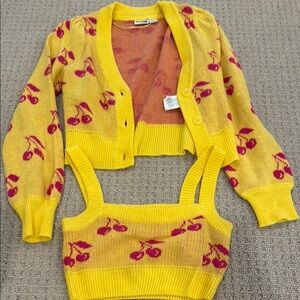 Noisy May Yellow Cherry Print Cardigan and Crop Top Set